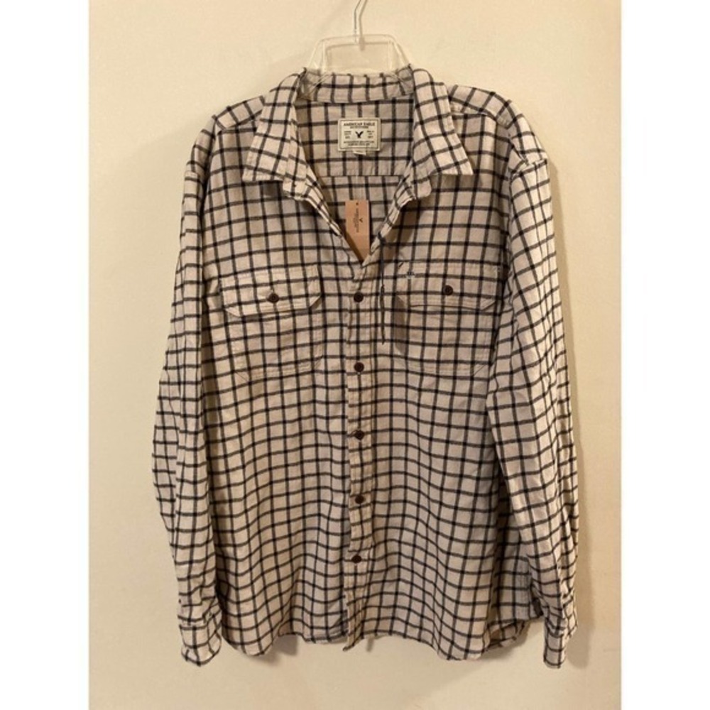 Men’s American Eagle NWT Flannel Shirt XXL Beige Black Plaid